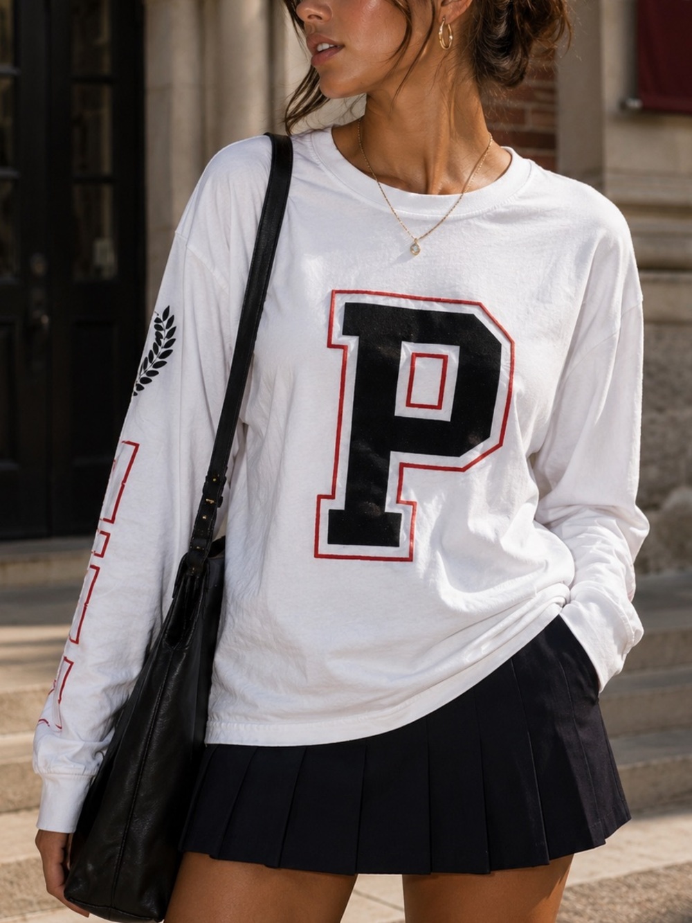 PINK Victoria's Secret White Long-Sleeve Tee Black & Red 'P' Sparkle Graphic Dog